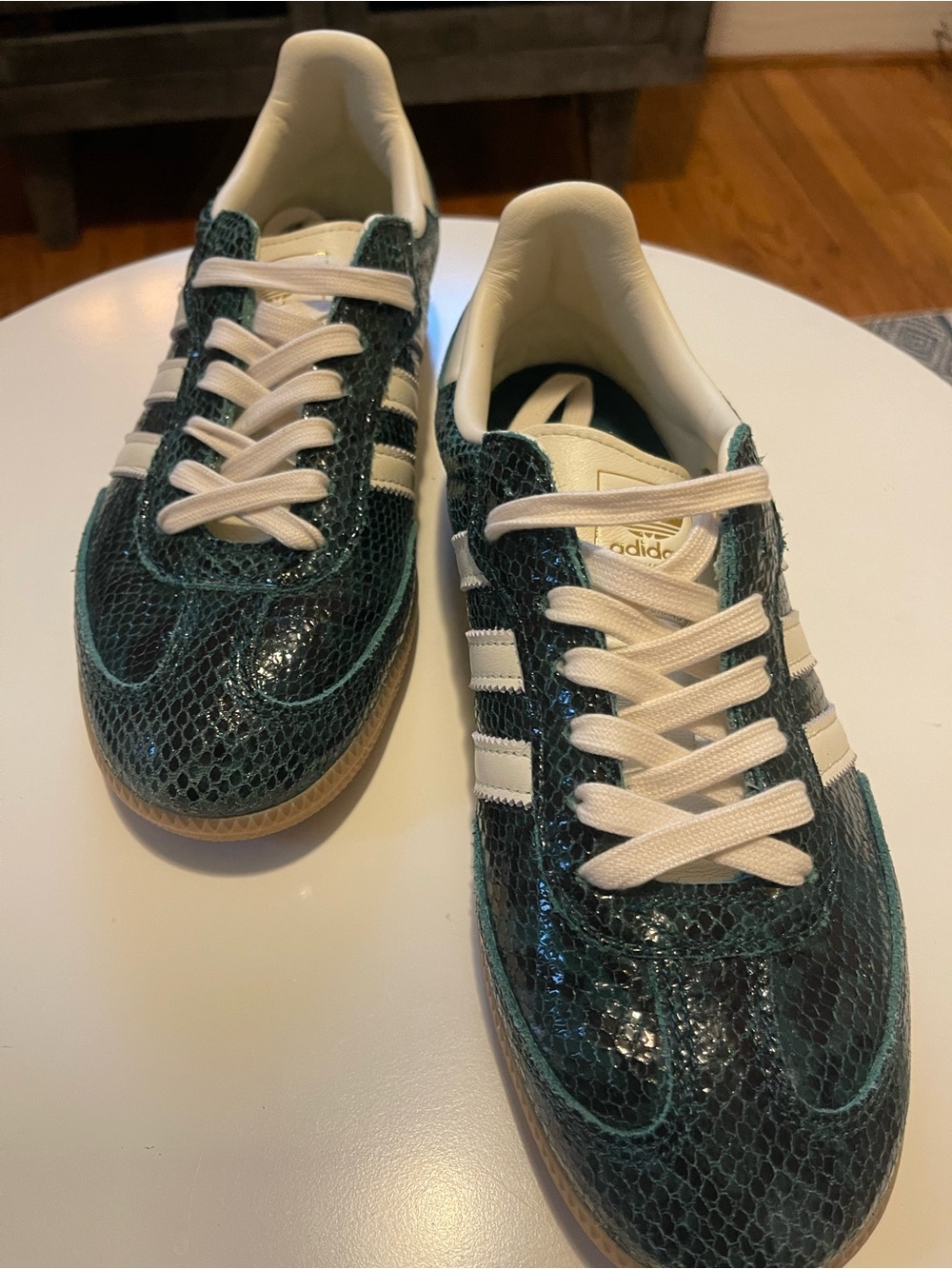 adidas women’s Teal Snake-Print Classic Sneakers with White Stripes
